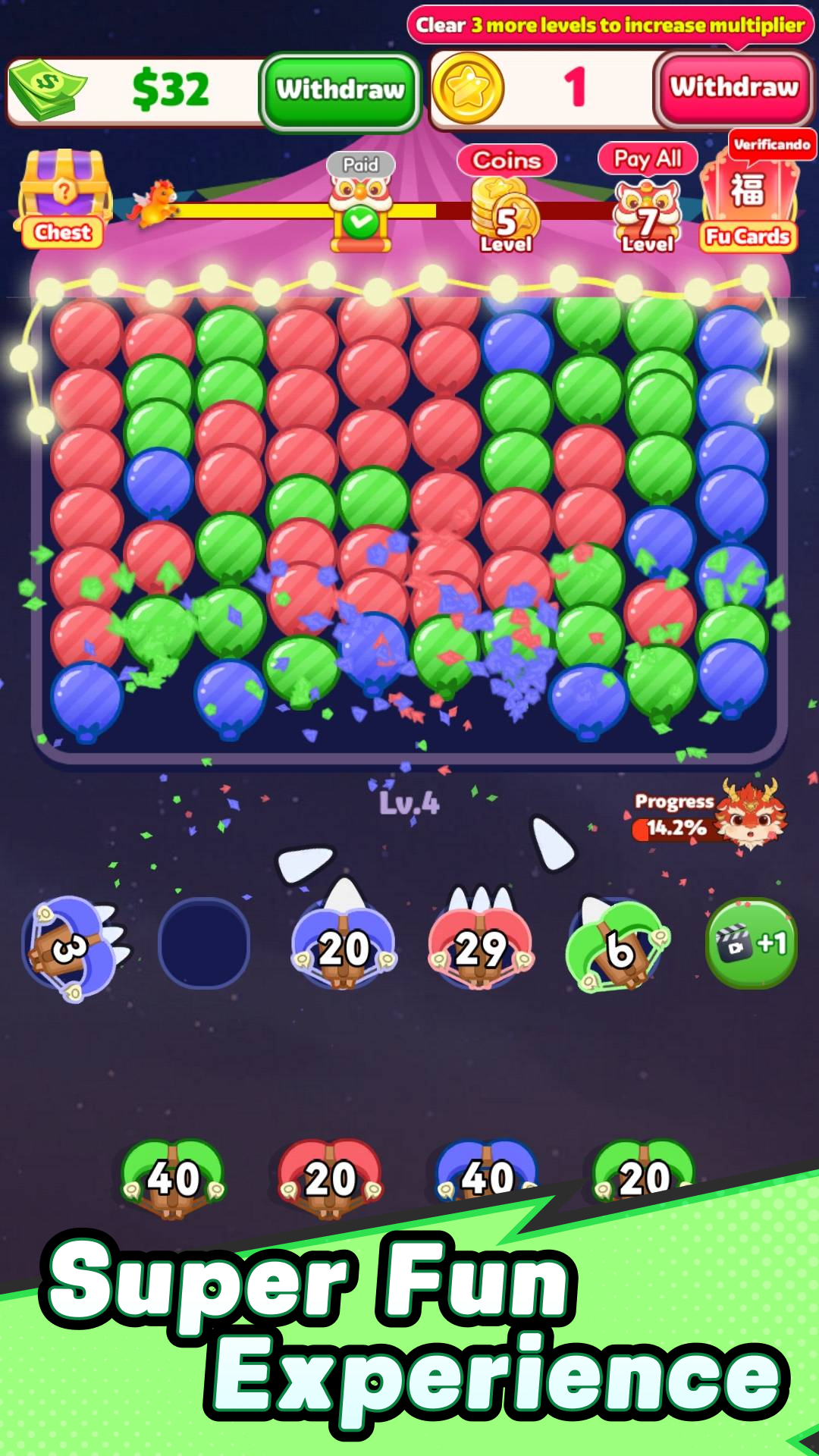 Pop Rampage: Balloon Blast in-game screenshot with grid and power-ups