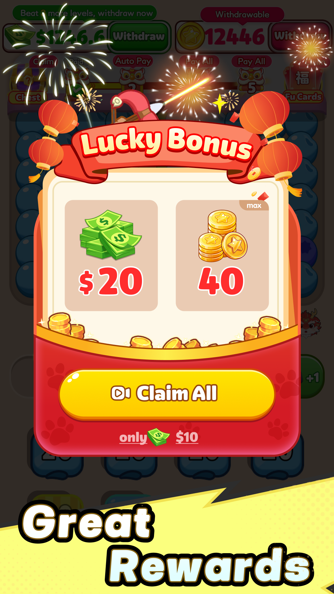 Pop Rampage: Balloon Blast in-game screenshot of level progress and rewards