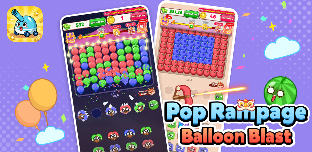 Pop Rampage: Balloon Blast promotional banner and key visual